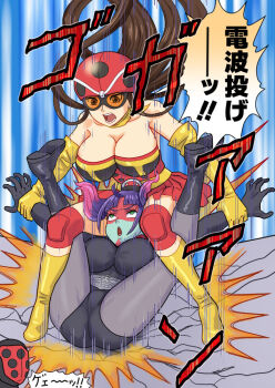 ! !! 1boy 2girls ass black_leotard breasts breasts_squeezed_together cleavage crossed_arms electro_wave_human_tackle fighting full_body highres kamen_rider kinnikuman large_breasts leotard long_hair looking_at_another maboroshi_dandy mariquitaman motion_lines multiple_girls okada_yuriko open_mouth pantyhose restrained toujima_tanzaburou_wa_kamen_rider_ni_naritai trait_connection translation_request twintails violence wide_hips wrestling wrestling_outfit yukarisu