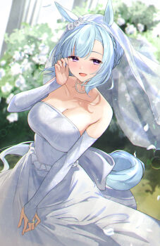 1girl animal_ears bare_shoulders blue_hair blush braid breasts bridal_gauntlets bridal_veil bride cleavage collarbone crown_braid dress ear_flower ear_ornament flower highres horse_ears horse_girl horse_tail jewelry large_breasts long_hair looking_at_viewer mejiro_ardan_(umamusume) meyamu necklace off-shoulder_dress off_shoulder open_mouth pearl_necklace petals purple_eyes rose smile solo strapless strapless_dress tail umamusume veil wedding wedding_dress white_dress white_flower white_rose white_veil