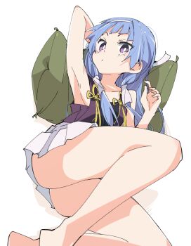 1girl arm_behind_head armpits ass barefoot blue_hair blush female_focus hairband ixy kannagi legs long_hair looking_at_viewer nagi pillow purple_eyes simple_background skirt solo thighs white_background white_hairband white_skirt