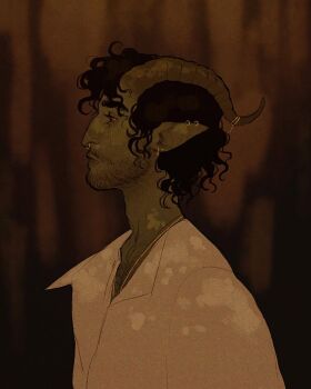 1boy arcanegold beard_stubble black_hair brown_background chest_hair closed_mouth collared_shirt colored_sclera colored_skin commentary curled_horns curly_hair dappled_sunlight demon_boy demon_horns dungeons_&amp;_dragons ear_piercing english_commentary eyelashes facial_hair fantasy film_grain from_side gold_necklace gold_piercing green_skin highres horn_ornament horn_ring horns jewelry looking_to_the_side necklace original piercing pointy_ears profile red_eyes ring_piercing shirt short_hair sketch stubble sunlight thick_eyebrows tiefling upper_body vincent_obra_(arcanegold) white_shirt yellow_sclera