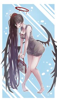 1girl bag barefoot black_hair black_wings blood blood_halo blue_archive breasts cleavage commentary_request dress grey_dress halo highres holding holding_bag komena_(shinyday312) large_breasts liquid_halo long_hair looking_at_viewer low_wings open_mouth pale_skin partial_commentary ponytail red_eyes solo tsurugi_(blue_archive) very_long_hair wings