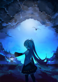 Rule 34 | 1girl, absurdres, antenna hair, armpit peek, bird, black skirt, black thighhighs, blue eyes, blue hair, blue sky, cave, cave interior, collared shirt, detached sleeves, floating hair, frilled shirt, frills, gradient sky, grey shirt, hair ornament, hatsune miku, headset, highres, holding, holding lantern, lake, lantern, long hair, looking at object, miniskirt, pleated skirt, seagull, shirt, skirt, sky, standing, thighhighs, thighs, twintails, underground, usagi (wtmh), vocaloid