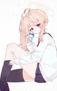 1girl ahoge blue_archive blush halo highres holding long_hair long_sleeves looking_at_viewer natsu_(blue_archive) pink_hair pink_halo pleated_skirt red_eyes shirt side_ponytail simple_background siomimi skirt solo thighhighs