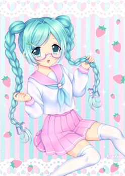1girl alternate_costume alternate_hairstyle aqua_eyes aqua_hair bespectacled braid feet_out_of_frame food fruit glasses hatsune_miku highres holding holding_own_hair kigidere long_hair long_sleeves looking_at_viewer making-of_available miniskirt open_mouth pink_sailor_collar pink_skirt pleated_skirt sailor_collar semi-rimless_eyewear shirt sitting skirt solo strawberry striped_background thighhighs twin_braids under-rim_eyewear vocaloid white_shirt white_thighhighs zettai_ryouiki
