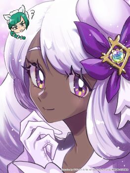 2girls airagency1005 dark-skinned_female dark_skin eyelashes fascinator glint gloves green_hair hand_up head_only highres jacinthe_(pokemon) lebanne_(pokemon) long_hair looking_at_viewer maid_headdress mega_stone multiple_girls nintendo pokemon pokemon_legends:_z-a portrait purple_eyes purple_gloves purple_hair smile solo_focus sparkle squiggle very_dark_skin