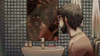 2boys :d absurdres bar_soap bathroom beard black_hair bleeding blood blood_on_face commentary constricted_pupils cry_of_fear different_reflection dual_persona english_commentary exposed_muscle facial_hair faucet hallucination highres indoors junospheree like_and_retweet melting_face multiple_boys open_mouth pill pill_bottle red_shirt reflection shirt short_hair sideburns simon_henriksson simon_henriksson_(book) sink skinned smile tile_wall tiles towel wheelchair wide-eyed yellow_shirt