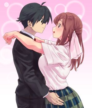 Rule 34 | 1boy, 1girl, absurdres, ahoge, black hair, blush, breasts, crossover, eggprotain, hair ornament, hair ribbon, hetero, highres, itou makoto (school days), large breasts, long hair, open mouth, red hair, ribbon, sakura trick, school days, school uniform, short hair, skirt, smile, takayama haruka