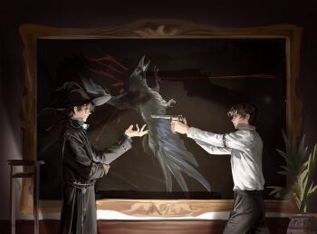 Rule 34 | 2boys, absurdres, aiming, amon (lord of the mysteries), bird, black hair, black hat, black pants, black robe, blood, blood splatter, brown hair, chiaroscuro, chinese commentary, commentary request, crow, dead animal, death, from side, gun, handgun, hat, highres, holding, holding gun, holding weapon, icco ho, indoors, klein moretti, long sleeves, looking at another, lord of the mysteries, male focus, monocle, multiple boys, painting (object), pants, picture frame, plant, potted plant, revolver, robe, shadow, shirt, shirt tucked in, short hair, weapon, white shirt, witch hat