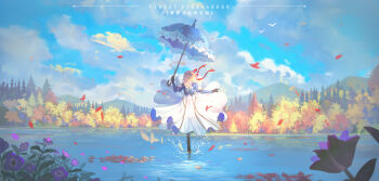 1girl absurdres artist_request autumn_leaves cloud cloudy_sky commentary_request dress frilled_dress frills hair_ribbon highres holding holding_umbrella incredibly_absurdres lake landscape leaf original parasol ribbon sky tagme umbrella violet_evergarden violet_evergarden_(series) walking walking_on_liquid