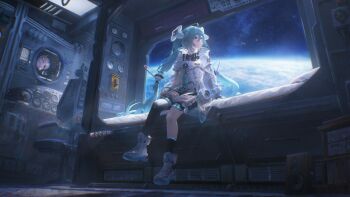 1girl absurdres alternate_costume aqua_eyes aqua_hair black_skirt black_thighhighs closed_mouth coat commentary_request hatsune_miku highres indoors konya_karasue long_hair planet science_fiction sitting skirt solo space thighhighs twintails vocaloid white_coat