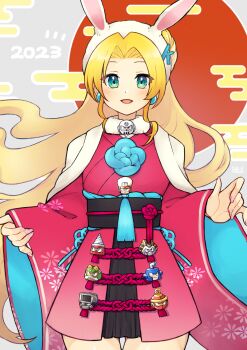 1girl 2023 blonde_hair blush bright_man capcom dive_man drill_man dust_man earrings green_eyes highres japanese_clothes jewelry kalinka_cossack_(mega_man) kimono long_hair long_sleeves looking_at_viewer mega_man_(classic) mega_man_(series) mega_man_4 open_mouth parted_bangs pharaoh_man pink_nails red_kimono ring_man skull_man smile solo toad_man tobitori