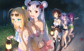 5girls alaskastomatoez armored_boots beach blonde_hair blue_eyes blush boots breast_envy breast_press breasts brown_hair crab epic_seven flip-flops green_eyes halterneck hand_on_another&#039;s_shoulder highres holding holding_lantern horns jewelry lantern leotard looking_at_another multiple_girls necklace night outdoors purple_hair queue red_eyes sandals scared short_shorts shorts stomach strapless summer sunglasses swimsuit tube_top walking white_hair yufine_(epic_seven)