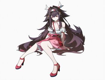 Rule 34 | 1girl, armband, bag, bare shoulders, breasts, brown hair, cleavage, closed mouth, collarbone, commentary, droopy ears, english commentary, frilled armband, frilled shirt, frilled shirt collar, frills, full body, hair intakes, hairband, high-waist skirt, highres, invisible chair, large breasts, long hair, long skirt, looking at viewer, multicolored hairband, official alternate costume, postalworks, red bag, red eyes, red hairband, red shoes, red skirt, shirt, shoes, shoulder bag, simple background, sitting, skirt, solo, very long hair, white armband, white background, white hairband, white shirt, ye shunguang, zenless zone zero