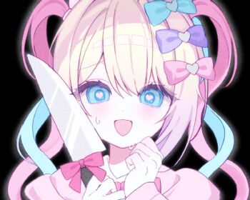 Rule 34 | 1girl, :d, black background, blonde hair, blue bow, blue eyes, blue hair, bow, bowtie, chouzetsusaikawa tenshi-chan, gradient hair, hair bow, heart, heart-shaped pupils, highres, holding, holding knife, jacket, knife, long hair, multicolored hair, multiple hair bows, needy girl overdose, open mouth, pink bow, pink bowtie, pink hair, pink jacket, purple bow, purple hair, quad tails, shirt, simple background, smile, solo, sweatdrop, symbol-shaped pupils, ttede (0984mony), very long hair, white shirt