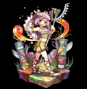 1girl ahoge bare_shoulders bare_tree bike_shorts bike_shorts_under_skirt black_background blush breasts cleavage detached_collar fang feather_hair_ornament feathers fire flats full_body grass hair_ornament headband headdress highres holding holding_staff large_breasts merc_storia merc_storia_art_team miniskirt native_american native_american_clothes native_american_headdress navel official_art outstretched_arm pink_hair powakaka_(merc_storia) red_hair shoes short_hair simple_background skirt smile solo staff standing strapless tachi-e totem tree tube_top white_shoes yellow_skirt