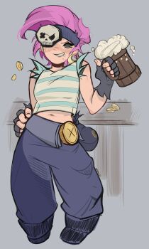 absurdres alcohol beer beer_mug belly blush brawl_stars coin cup denim earrings eyepatch headband highres jeans jewelry mug pants penny_(brawl_stars) pink_hair pirate ripped_sleeve smug urennnii