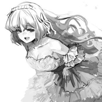 Rule 34 | 1girl, :d, absurdres, bare shoulders, bow, breasts, cleavage, commentary, dress, english commentary, freckles, greyscale, hair bow, hairband, hands on own hips, highres, ishmael (project moon), limbus company, long hair, looking at viewer, monochrome, nunvora, off-shoulder dress, off shoulder, open mouth, project moon, simple background, sketch, smile, solo, very long hair