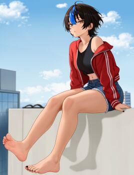 1girl :/ ahoge bare_legs barefoot black_hair black_nails black_tank_top blue_sky blue_streaks breasts brown_eyes cloud cloudy_sky collarbone commentary crop_top denim denim_shorts earrings english_commentary feet flip-flops full_body hair_between_eyes highres jacket jewelry legs looking_at_viewer medium_breasts multicolored_hair nail_polish navel navel_piercing nihu off_shoulder original parted_lips piercing red_jacket rooftop sandals shadow shiragi_(nihu) short_hair short_shorts shorts single_bare_shoulder single_hair_streak sitting sky soles solo streaked_hair stud_earrings tank_top thighs toenail_polish toenails toes unworn_sandals