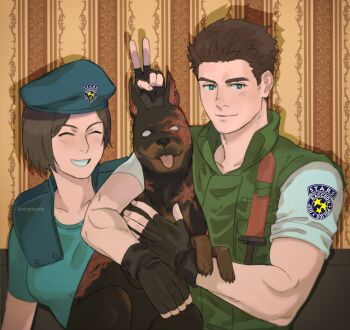 1boy 1girl artist_name beret black_gloves blue_eyes blue_hat blue_shirt bulletproof_vest chris_redfield closed_eyes dog fingerless_gloves gloves hat highres jill_valentine resident_evil resident_evil_1 shirt shoulder_pads smile tirtyturtle v