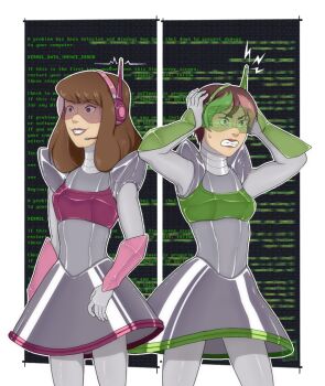 2girls brown_hair cyborg daphne_blake female_focus green-tinted_eyewear headset hypnosis long_hair maggiesoup mind_control multiple_girls pink-tinted_eyewear robot_girl scooby-doo short_hair smile sweatdrop tagme tech_control tinted_eyewear velma_dinkley visor