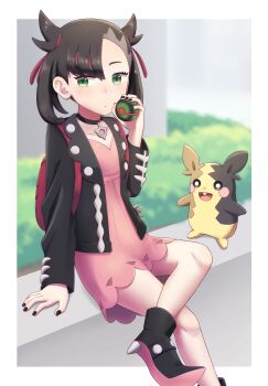 1girl absurdres arm_support asymmetrical_bangs backpack bag black_boots black_choker black_hair black_nails boots border bush choker crossed_legs dress dusk_ball gen_8_pokemon green_eyes hair_ribbon highres hl1hpo looking_at_viewer marnie_(pokemon) morpeko morpeko_(full) nintendo pink_dress poke_ball poke_ball_(basic) pokemon pokemon_(creature) pokemon_swsh red_ribbon ribbon sitting twintails undercut white_border