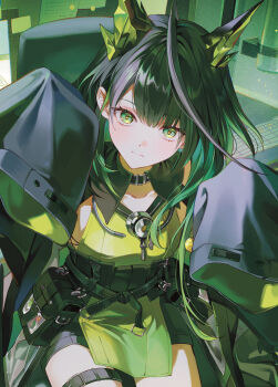 1girl absurdres ahoge arknights black_choker black_hair black_jacket choker closed_mouth commentary_request dress green_dress green_eyes guest_art highres jacket long_hair long_sleeves mon3tr_(arknights) pong_(pong_o0) sleeves_past_fingers sleeves_past_wrists solo stethoscope