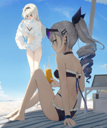 &gt;_&lt; 2girls auui back bare_legs bare_shoulders barefoot beach_towel bikini black_bow black_hairband blue_hair blue_sky blush bow commentary cup dated day drill_hair drill_ponytail drinking_glass drinking_straw earclip firefly_(honkai:_star_rail) goggles goggles_on_head gradient_hair grey_eyes grey_hair hair_bow hairband highres holding holding_cup holding_swim_ring honkai:_star_rail honkai_(series) innertube knees_up legs looking_at_viewer median_furrow multicolored_hair multiple_girls navel outdoors purple-tinted_eyewear purple_bikini shoulder_blades sideways_glance signature silver_wolf_(honkai:_star_rail) sitting sky stomach swim_ring swimsuit thighs tinted_eyewear towel white_bikini