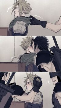 3boys armor black_gloves black_hair black_shirt blonde_hair blue_shirt blush buster_sword clothes_grab cloud_strife covered_eyes crisis_core:_final_fantasy_vii final_fantasy final_fantasy_vii gloves green_scarf hand_in_another&#039;s_hair helmet helmet_over_eyes highres ht8207 kiss kunsel male_focus multiple_boys neckwear_grab open_mouth parted_bangs parted_lips pauldrons scarf scarf_grab shinra_infantry_uniform shirt short_hair shoulder_armor sleeveless sleeveless_turtleneck smile spiked_hair suspenders sweatdrop sword sword_on_back turtleneck upper_body weapon weapon_on_back wide-eyed yaoi zack_fair