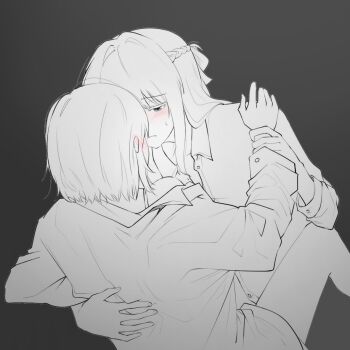 2girls blush bra_strap braid commentary greyscale half_up_braid hashtag-only_commentary long_hair mim120809 miyagi_shiori monochrome multiple_girls open_mouth sendai_hazuki shirt short_hair shuuniichido_classmate_wo_kau_hanashi spot_color sweatdrop yuri