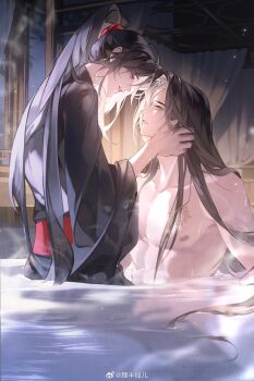 Rule 34 | 2boys, aa820733, abs, absurdres, bare pectorals, bishounen, black hair, black hanfu, chinese clothes, clothed bath, collarbone, commentary request, couple, curtains, eye contact, grey eyes, hand on another's cheek, hand on another's face, hanfu, high ponytail, highres, in bathtub, indoors, lan wangji, light particles, long hair, long sleeves, looking at another, male focus, modao zushi, multiple boys, night, nipples, nude, onsen, parted lips, partially submerged, pectorals, ponytail, profile, red sash, robe, sash, shared bathing, sidelocks, smile, steam, toned, toned male, upper body, very long hair, water, watermark, wei wuxian, weibo watermark, wet, wet hair, wide sleeves, window, wooden bathtub, yaoi, yellow eyes