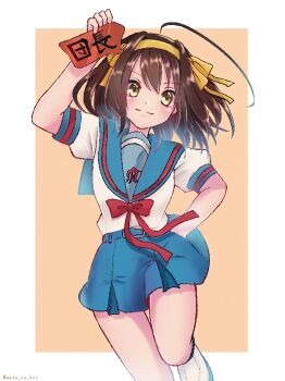 Rule 34 | 1girl, ahoge, arm up, armband, belt, belt buckle, blue skirt, blush, bob cut, breasts, buckle, hair ribbon, hand on own hip, jaggy lines, kita high school uniform, leg up, medium breasts, medium hair, neck ribbon, orange background, puffy short sleeves, puffy sleeves, ribbon, school uniform, serafuku, shoes, short sleeves, skirt, smile, solo, suzumiya haruhi, suzumiya haruhi no yuuutsu, tareme, twitter username, two-tone background, waka me kav, white background, white shoes, yellow eyes, yellow ribbon