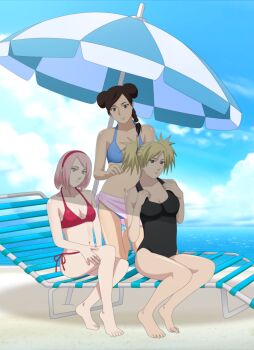 3girls barefoot beach black_hair blonde_hair bra breasts darkalx feet haruno_sakura highres multiple_girls naruto_(series) naruto_shippuuden pink_hair short_hair swimsuit temari_(naruto) tenten_(naruto) underwear