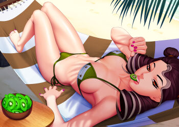 1girl absurdres barefoot beach bikini bowl breasts brown_hair collarbone commentary day drill_hair food fruit green_bikini grey_hair hair_bun higashikata_kato highres jojo_no_kimyou_na_bouken jojolion kiwi_(fruit) knees_up large_breasts legendarysoulii long_hair looking_at_viewer lying mouth_hold multicolored_hair nail_polish navel on_back orange_eyes outdoors pink_nails romaji_commentary sand shiny_skin side-tie_bikini_bottom solo swimsuit toenail_polish toenails toes two-tone_hair