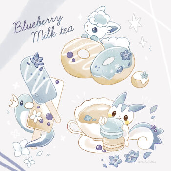 absurdres commentary_request cup donut dratini food gen_1_pokemon gen_4_pokemon grey_background highres ice_cream macaron mofucoffee nintendo no_humans notice_lines pachirisu pokemon pokemon_(creature) pokemon_focus saucer star_(symbol) tea teacup twitter_username vulpix