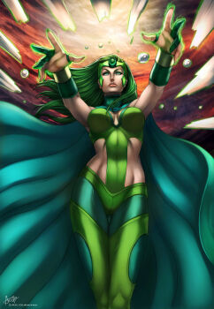 10s 1girl artist_name arturo_z._gutierrez blue_eyes breasts cape cleavage covered_navel female_focus gloves green_hair long_hair marvel partially_fingerless_gloves polaris_(x-men) sky solo x-men