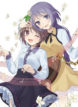 2girls biwa_lute black_skirt blush breasts brown_eyes brown_hair collared_dress collared_shirt commentary_request commission dress flower flower_request frilled_skirt frills hair_flower hair_ornament instrument long_hair long_sleeves lute_(instrument) medium_breasts multiple_girls musical_note musical_staff one_eye_closed open_mouth purple_eyes purple_hair shirt skeb_commission skirt smile touhou tsukumo_benben tsukumo_yatsuhashi tsuno_no_hito twintails white_flower white_shirt yellow_dress