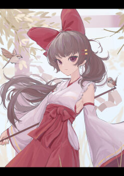 1girl absurdres alternate_costume bird bow breasts brown_hair closed_mouth clothing_cutout commentary_request detached_sleeves gohei hair_bow hair_ornament hairpin hakama hakama_skirt hakurei_reimu highres hip_vent holding holding_gohei japanese_clothes kimono letterboxed long_hair looking_at_viewer miko red_bow red_eyes red_hakama s2535151 sideboob skirt solo sparrow touhou white_kimono