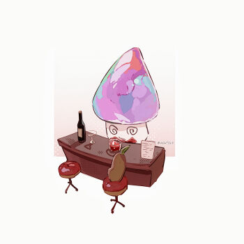 Rule 34 | @ @, alcohol, artist name, bar (place), bar stool, border, bottle, bow, bowtie, closed mouth, coffee bean (plants vs. zombies), coffee beans, commentary, cup, drinking glass, film grain, glass, halftone, halftone background, highres, hightguy, hypno-shroom (plants vs. zombies), leaf, mushroom, no humans, outside border, paper, pink background, plants vs. zombies, red bow, red bowtie, red wine, simple background, sitting, smirk, solo, stool, symbol-only commentary, traditional bowtie, white border, wine, wine bottle, wine glass