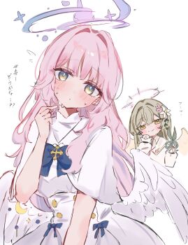 2girls alternate_hairstyle angel_wings blonde_hair blue_archive blue_bow blush bow capelet closed_mouth dress feathered_wings flower flying_sweatdrops hair_flower hair_ornament halo head_tilt highres long_hair long_sleeves looking_at_viewer low_wings mika_(blue_archive) multiple_girls musama_universe nagisa_(blue_archive) pink_hair pink_halo simple_background smile twirling_hair white_background white_capelet white_dress white_wings wing_ornament wings yellow_eyes