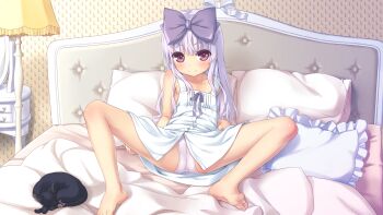 1girl 3.1-tan absurdres aoi_kumiko barefoot bed bed_frame bed_sheet bell blush bow cameltoe cat closed_mouth collarbone dress feet female_focus frilled_pillow frills hair_bow highres lamp loli long_hair looking_at_viewer on_bed os-tan panties pillow pink_panties purple_eyes purple_hair smile soles solo spread_legs sundress tail tail_bow tail_ornament toes underwear