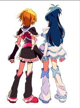 2girls bike_shorts black_gloves black_skirt black_socks blonde_hair blue_hair commentary_request cure_black cure_white fingerless_gloves frilled_skirt frills from_behind full_body futari_wa_precure gloves highres holding_hands kneehighs long_hair magical_girl misumi_nagisa multiple_girls pink_shoes precure red_shirt sanamaru_(sana79261827) shirt shoes short_hair short_sleeves simple_background skirt socks standing white_background white_gloves white_shirt white_shoes white_skirt white_socks yukishiro_honoka