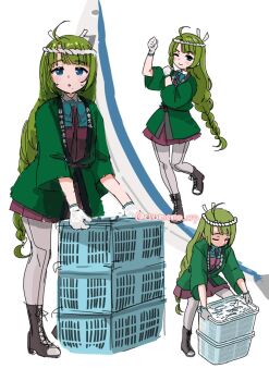 1girl ahoge aqua_bow aqua_bowtie blue_eyes blush bow bowtie box braid breasts fish green_hair green_jacket grey_pantyhose headband highres jacket kantai_collection long_hair long_sleeves looking_at_viewer mole mole_under_mouth multiple_views pantyhose saury school_uniform shirt single_braid skirt smile solo someno_haru sweat very_long_hair white_shirt working yuugumo_(kancolle)