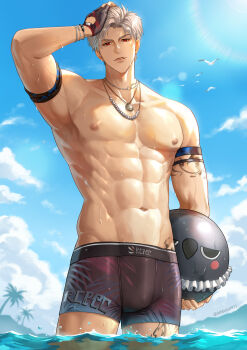 1boy abs absurdres arm_tattoo armpits ball beach beachball black_gloves black_male_swimwear blue_sky debbie_(debbielu9972) fingerless_gloves gloves grey_hair highres jewelry leg_tattoo love_and_deepspace male_focus male_swimwear muscular muscular_male navel necklace nipples ocean red_eyes short_hair sky solo stomach sylus_(love_and_deepspace) tattoo topless_male