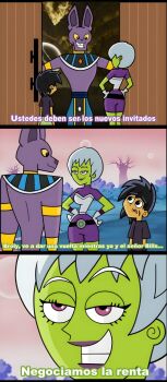 ancient_egyptian_clothes animal_ears armlet beerus belt bodysuit bracelet breasts broly_(dragon_ball_super) cat_ears cheelai colored_sclera colored_skin comic danny_fenton danny_phantom derivative_work door dragon_ball dragon_ball_super green_skin grey_hair hands_on_own_hips jewelry large_breasts lipstick maddie_fenton makeup motion_lines purple_bodysuit purple_skin short_hair short_sleeves smile speed_lines turtleneck vest vlad_masters white_hair wide_hips yellow_sclera