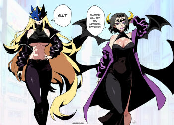 2girls beelstarmon breasts digimon digimon_(creature) horns kukuruyo lilithmon looking_at_another mark_of_evil mask multiple_girls smile underboob wings