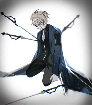 Rule 34 | 1boy, 779 nnk, black pants, black shirt, black tears, blonde hair, blue coat, closed mouth, coat, collared shirt, crying, e.g.o (project moon), employee (project moon), highres, impaled, kneeling, lobotomy corporation, long sleeves, male focus, necktie, nugget (project moon), pants, project moon, shirt, short hair, solo, streaming tears, sword, tattoo, teardrop tattoo, tears, the sword sharpened with tears (e.g.o), weapon, white necktie