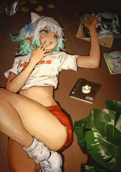 1girl aqua_hair aqua_nails blue_bow blue_eyes bow commentary english_commentary hair_ornament hand_on_own_face highres hooters indie_virtual_youtuber leg_warmers lying midriff mint_fantome mocomiliano multicolored_hair nail_polish on_back pointy_ears scenery short_sleeves virtual_youtuber wavy_hair white_hair wisps_(mint_fantome) x_hair_ornament