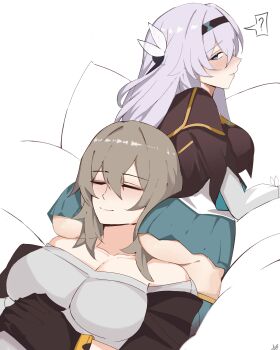 2girls ? absurdres aqua_skirt arnkun ass bare_shoulders black_gloves black_headband black_shirt blush breasts brown_hair brown_shirt cleavage closed_eyes collarbone commentary cowboy_shot double-parted_bangs facing_ahead firefly_(honkai:_star_rail) gloves hair_between_eyes headband highres honkai:_star_rail honkai_(series) large_breasts layered_shirt long_hair long_sleeves looking_at_another looking_back lying medium_hair microskirt multiple_girls off-shoulder_shirt off_shoulder on_ass on_back on_stomach purple_eyes shirt short_sleeves simple_background skirt smile spoken_question_mark spread_ass stelle_(honkai:_star_rail) thick_thighs thighs trailblazer_(honkai:_star_rail) two-tone_shirt upper_body white_background white_hair white_shirt yuri