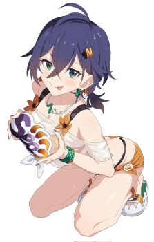 1girl :p ahoge belle_(summer_skies)_(zenless_zone_zero) belle_(zenless_zone_zero) bikini bikini_under_clothes black_nails blue_hair blush breasts cleavage crossed_bangs flower green_eyes hair_ornament highres jewelry kneeling large_breasts micro_shorts momomatang orange_shorts pendant ponytail sandals see-through_clothes see-through_shirt shirt short_hair short_ponytail shorts simple_background solo swimsuit thighs tongue tongue_out white_background zenless_zone_zero