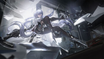 1girl black_pantyhose black_shoes blue_hair broken_glass character_request foreshortening glass high_heels highres holding holding_scythe mist_sequence pantyhose purple_eyes scythe shoes solo torn_clothes torn_pantyhose yi_yuansu_san_gong